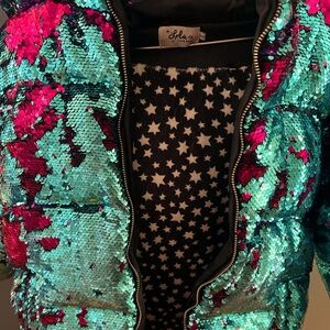 Lola + The Boys Teal and Pink Sequin Puffer Jacket